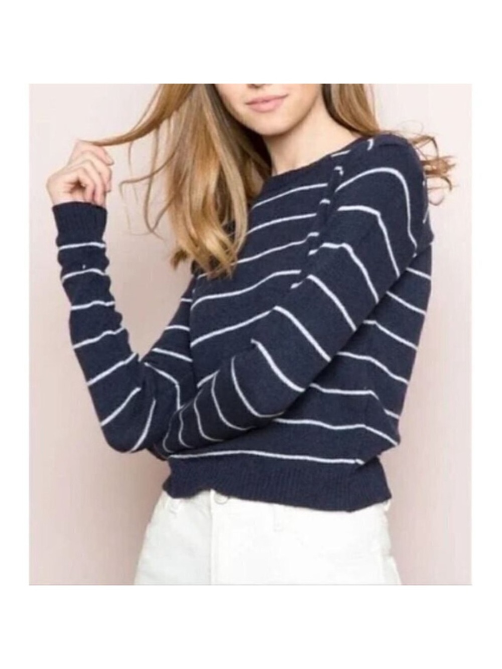 Brandy Melville Briana Navy Striped Cotton Crewneck Sweater 90s, One Size (S/M)